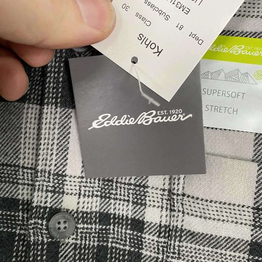 NWT Eddie Bauer Shirt Mens 2XL Gray Plaid Supersoft Stretch Flannel Button Front